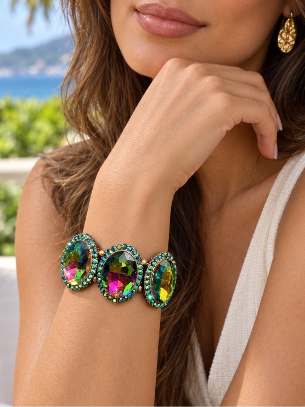 Multicolor Rhinestone Crystal Statement Stretch Bracelet - Women Jewelry